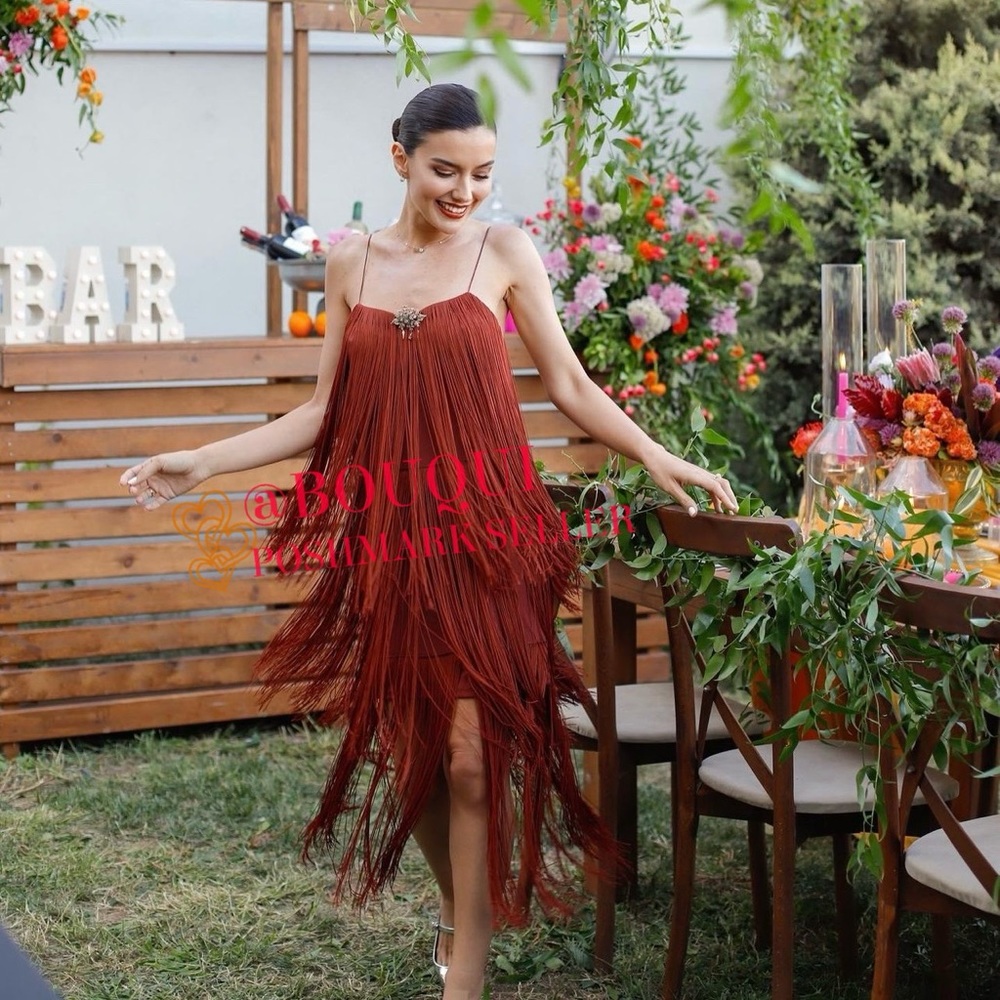 Zara Rust Fringe Spaghetti-Strap Dress